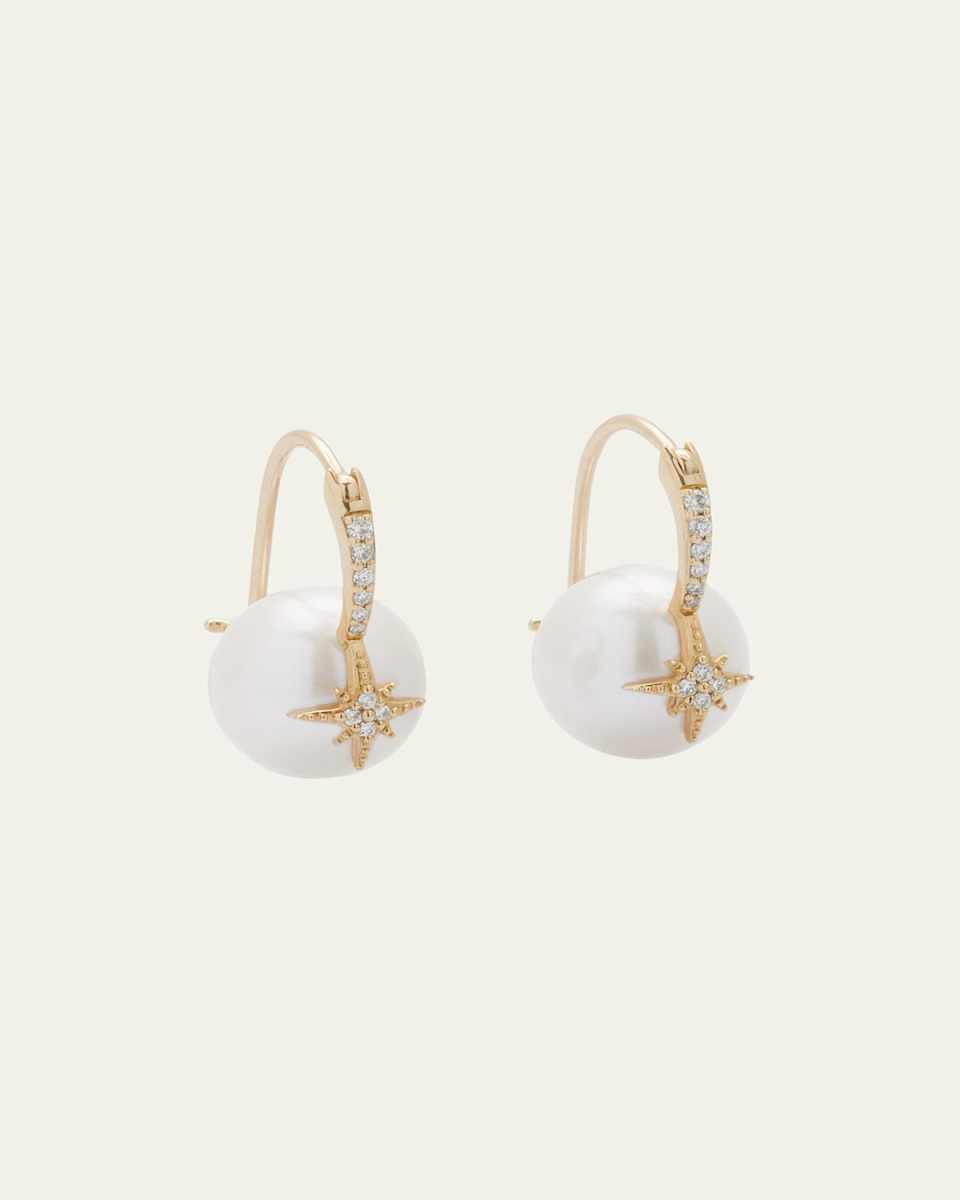 14K Yellow Gold Starburst Freshwater Pearl Drop Earrings